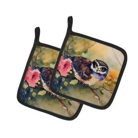 Watercolor Birds Pair of Pot Holders (Design: Spectacled Owl 3268, size: 7.5HX7.5W)