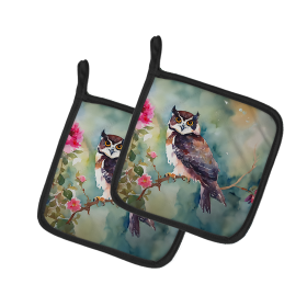 Watercolor Birds Pair of Pot Holders (Design: Spectacled Owl 3269, size: 7.5HX7.5W)