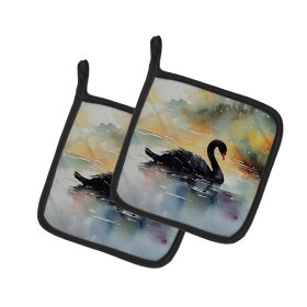 Watercolor Birds Pair of Pot Holders (Design: Swan Black 3270, size: 7.5HX7.5W)