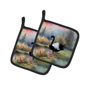 Watercolor Birds Pair of Pot Holders (Design: Swan Black 3271, size: 7.5HX7.5W)