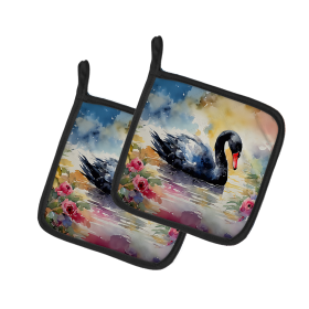 Watercolor Birds Pair of Pot Holders (Design: Swan Black 3272, size: 7.5HX7.5W)