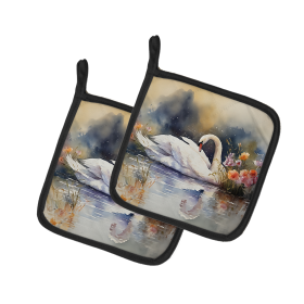 Watercolor Birds Pair of Pot Holders (Design: Swan 3273, size: 7.5HX7.5W)