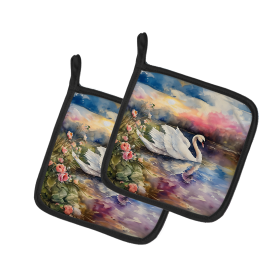 Watercolor Birds Pair of Pot Holders (Design: Swan 3274, size: 7.5HX7.5W)