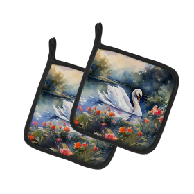 Watercolor Birds Pair of Pot Holders (Design: Swan 3275, size: 7.5HX7.5W)