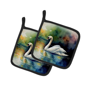 Watercolor Birds Pair of Pot Holders (Design: Swan 3276, size: 7.5HX7.5W)