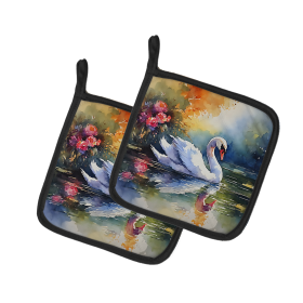 Watercolor Birds Pair of Pot Holders (Design: Swan 3277, size: 7.5HX7.5W)