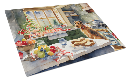 Christmas Cookies Glass Cutting Board (Dog Breed: Airedale Terrier 3708, size: large)