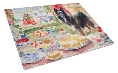 Christmas Cookies Glass Cutting Board (Dog Breed: Belgian Sheepdog 3728, size: large)