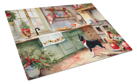 Christmas Cookies Glass Cutting Board (Dog Breed: Boston Terrier 3744, size: large)