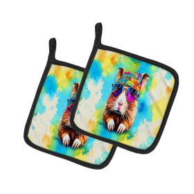 Hippie Animals Pair of Pot Holders (Design: Guinea Pig 3960, size: 7.5HX7.5W)