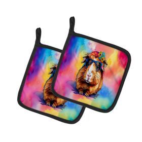 Hippie Animals Pair of Pot Holders (Design: Guinea Pig 3961, size: 7.5HX7.5W)