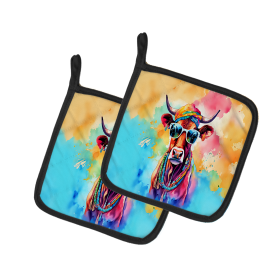 Hippie Animals Pair of Pot Holders (Design: Cow 3962, size: 7.5HX7.5W)