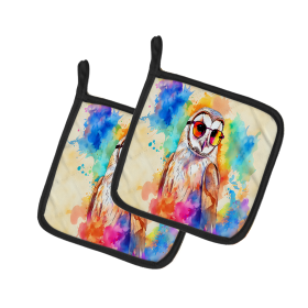 Hippie Animals Pair of Pot Holders (Design: Barn Owl 3964, size: 7.5HX7.5W)