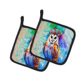 Hippie Animals Pair of Pot Holders (Design: Barn Owl 3965, size: 7.5HX7.5W)