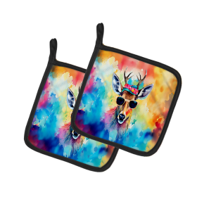 Hippie Animals Pair of Pot Holders (Design: Deer 3974, size: 7.5HX7.5W)