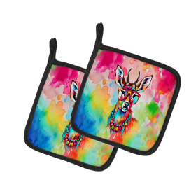 Hippie Animals Pair of Pot Holders (Design: Deer 3975, size: 7.5HX7.5W)