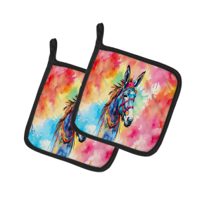 Hippie Animals Pair of Pot Holders (Design: Donkey 3977, size: 7.5HX7.5W)