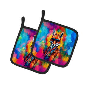 Hippie Animals Pair of Pot Holders (Design: Fox 3982, size: 7.5HX7.5W)
