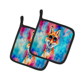 Hippie Animals Pair of Pot Holders (Design: Fox 3983, size: 7.5HX7.5W)
