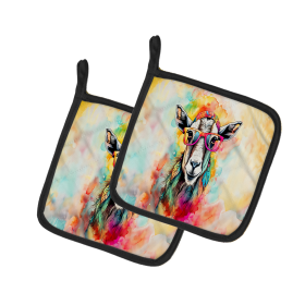 Hippie Animals Pair of Pot Holders (Design: Goat 3987, size: 7.5HX7.5W)