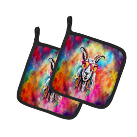 Hippie Animals Pair of Pot Holders (Design: Goat 3988, size: 7.5HX7.5W)