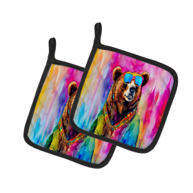Hippie Animals Pair of Pot Holders (Design: Grizzly Bear 3990, size: 7.5HX7.5W)