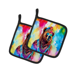 Hippie Animals Pair of Pot Holders (Design: Grizzly Bear 3991, size: 7.5HX7.5W)