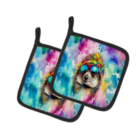 Hippie Animals Pair of Pot Holders (Design: Hedgehog 3992, size: 7.5HX7.5W)