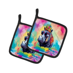 Hippie Animals Pair of Pot Holders (Design: Hippopotamus 3993, size: 7.5HX7.5W)