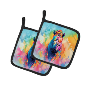 Hippie Animals Pair of Pot Holders (Design: Hippopotamus 3994, size: 7.5HX7.5W)