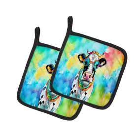 Hippie Animals Pair of Pot Holders (Design: Cow 3995, size: 7.5HX7.5W)