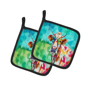Hippie Animals Pair of Pot Holders (Design: Cow 3996, size: 7.5HX7.5W)