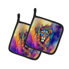 Hippie Animals Pair of Pot Holders (Design: Lion 4003, size: 7.5HX7.5W)