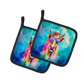 Hippie Animals Pair of Pot Holders (Design: Malvi Cow 4007, size: 7.5HX7.5W)