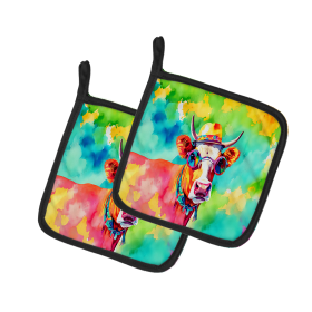 Hippie Animals Pair of Pot Holders (Design: Malvi Cow 4008, size: 7.5HX7.5W)