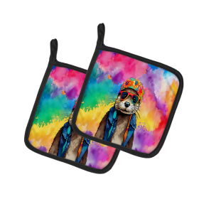 Hippie Animals Pair of Pot Holders (Design: Otter 4012, size: 7.5HX7.5W)