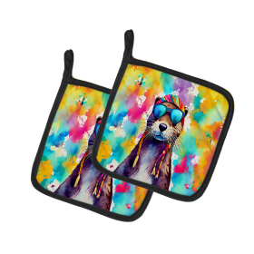 Hippie Animals Pair of Pot Holders (Design: Otter 4013, size: 7.5HX7.5W)