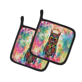 Hippie Animals Pair of Pot Holders (Design: Owl 4014, size: 7.5HX7.5W)