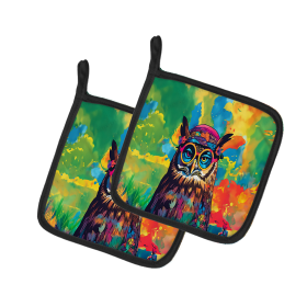 Hippie Animals Pair of Pot Holders (Design: Owl 4015, size: 7.5HX7.5W)