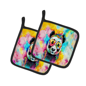 Hippie Animals Pair of Pot Holders (Design: Panda 4017, size: 7.5HX7.5W)