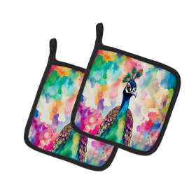 Hippie Animals Pair of Pot Holders (Design: Peacock 4021, size: 7.5HX7.5W)
