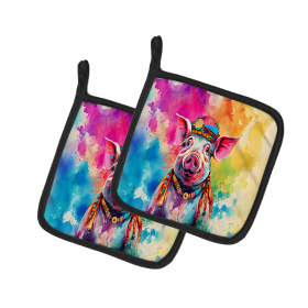 Hippie Animals Pair of Pot Holders (Design: Pig 4025, size: 7.5HX7.5W)