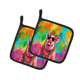 Hippie Animals Pair of Pot Holders (Design: Pig 4027, size: 7.5HX7.5W)