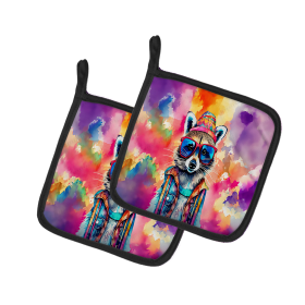 Hippie Animals Pair of Pot Holders (Design: Raccoon 4034, size: 7.5HX7.5W)