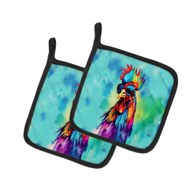 Hippie Animals Pair of Pot Holders (Design: Rooster 4040, size: 7.5HX7.5W)