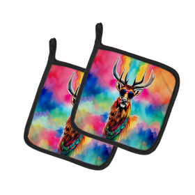 Hippie Animals Pair of Pot Holders (Design: Deer 4045, size: 7.5HX7.5W)