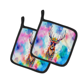 Hippie Animals Pair of Pot Holders (Design: Deer 4046, size: 7.5HX7.5W)