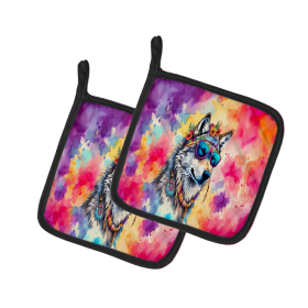 Hippie Animals Pair of Pot Holders (Design: Wolf 4051, size: 7.5HX7.5W)