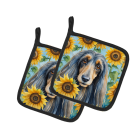 In Sunflowers Pair of Pot Holders (Design: Afghan Hound 6001, size: 7.5HX7.5W)