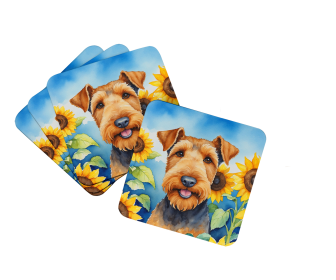 In Sunflowers Foam Coasters (Dog Breed: Airedale Terrier 6002, size: 3.5)